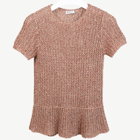 Brunello Cucinelli Salmon Chunky Cotton-Knit Short-Sleeve Sweater - Picture 1 of 9